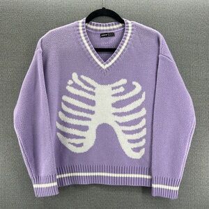 SHEIN Wonen’s Lilac White Oversized Cropped Knit Sweater Rib Cage‎ Size S